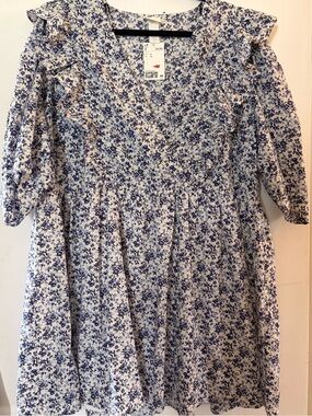 NWT H&M Women’s White and Blue Floral Ruffle Babydoll Mini Dress XL